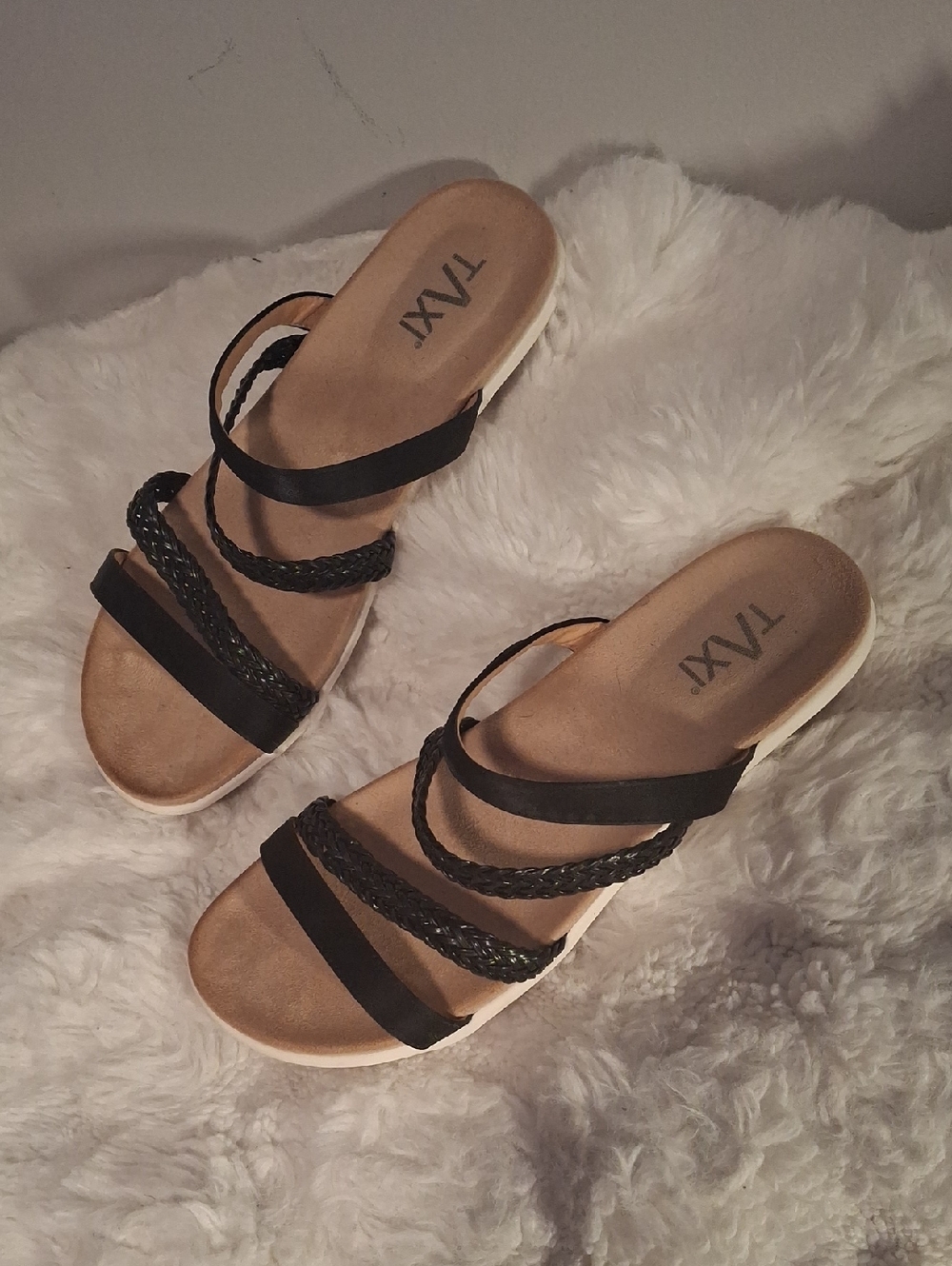 TAXI Black Braided Multi-Strap Slide Sandals Sz 9